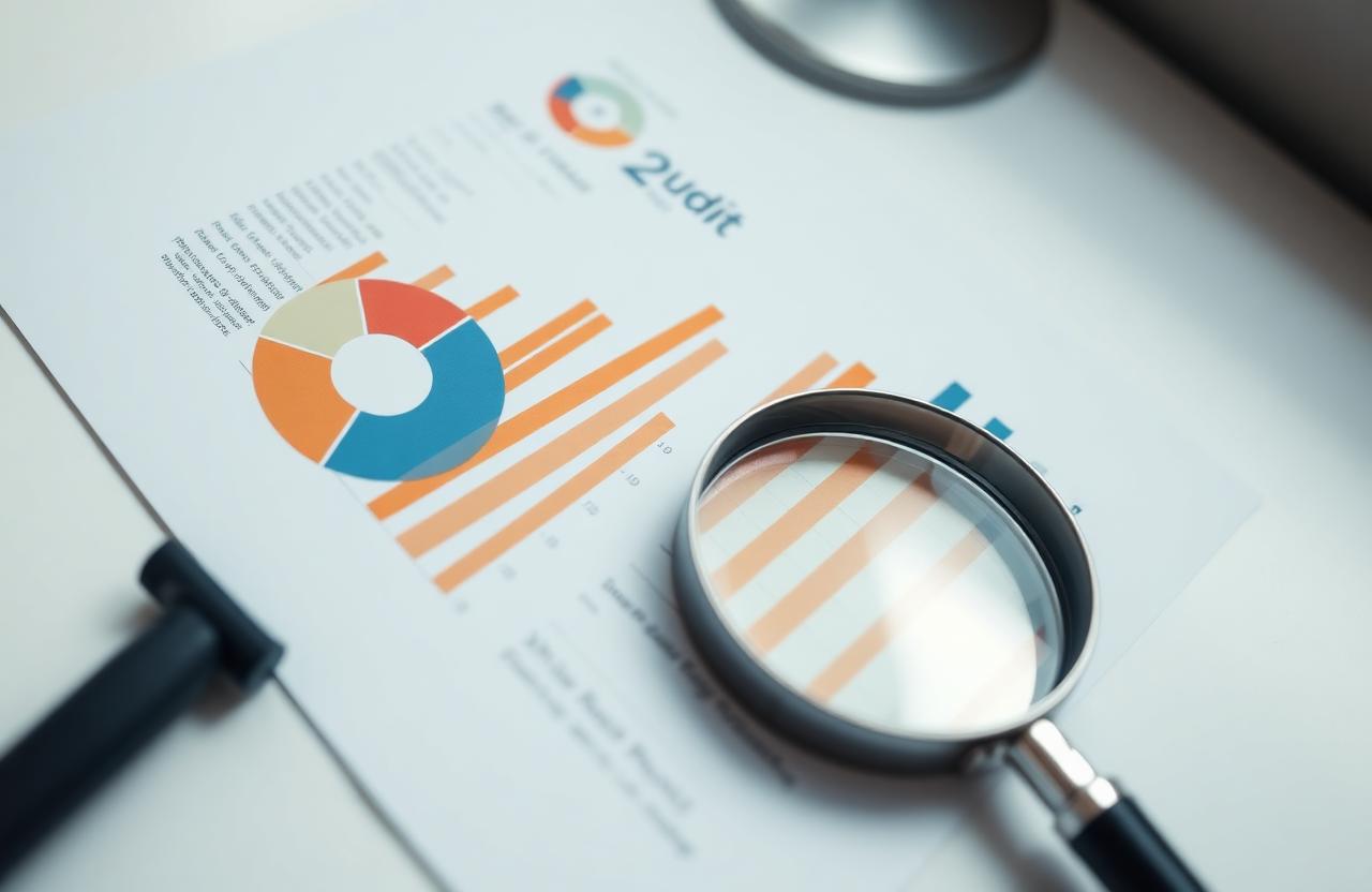 Printed advertising audit report with charts and a magnifying glass on a desk