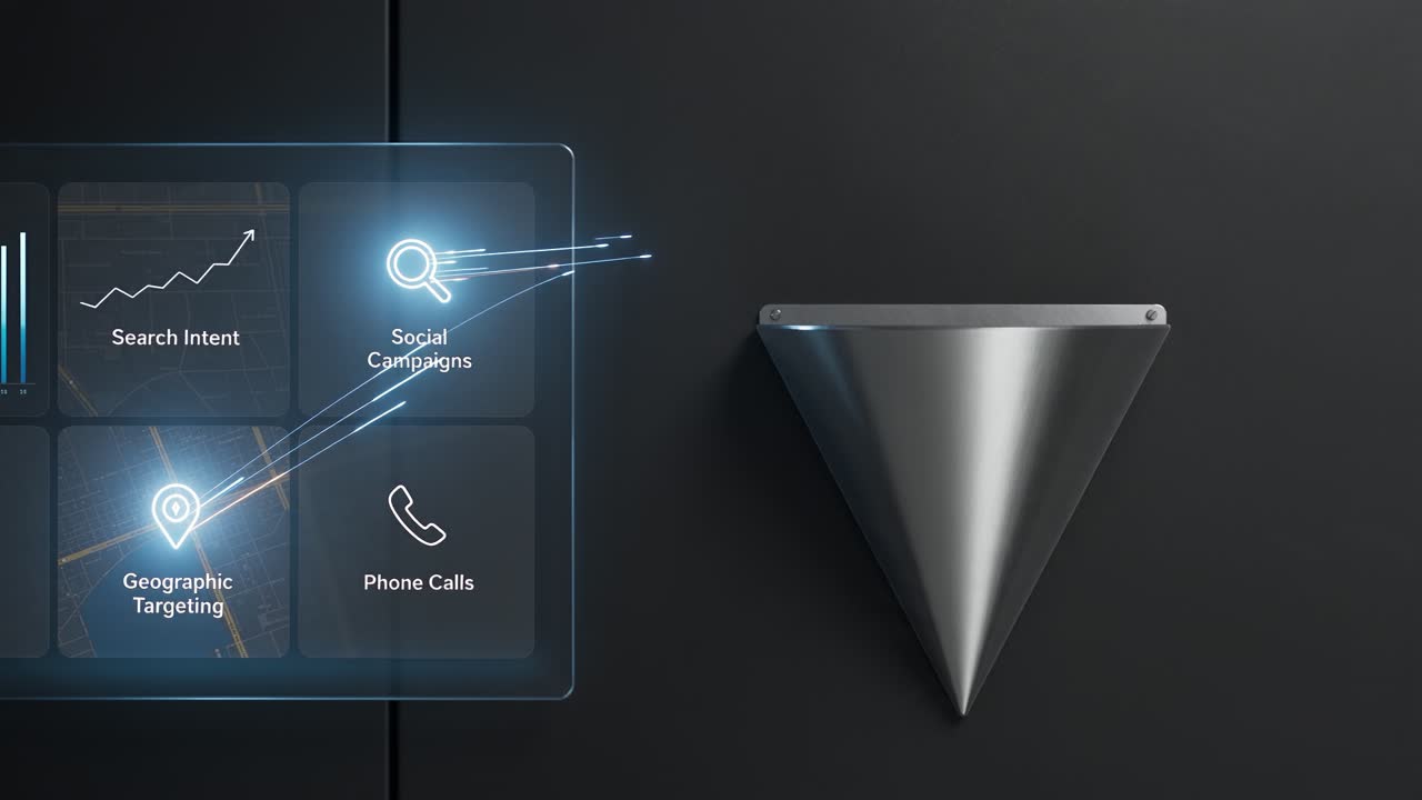 Dark performance marketing command center showing search intent, social campaigns, geographic targeting, inbound phone calls and a funnel ending in booked jobs