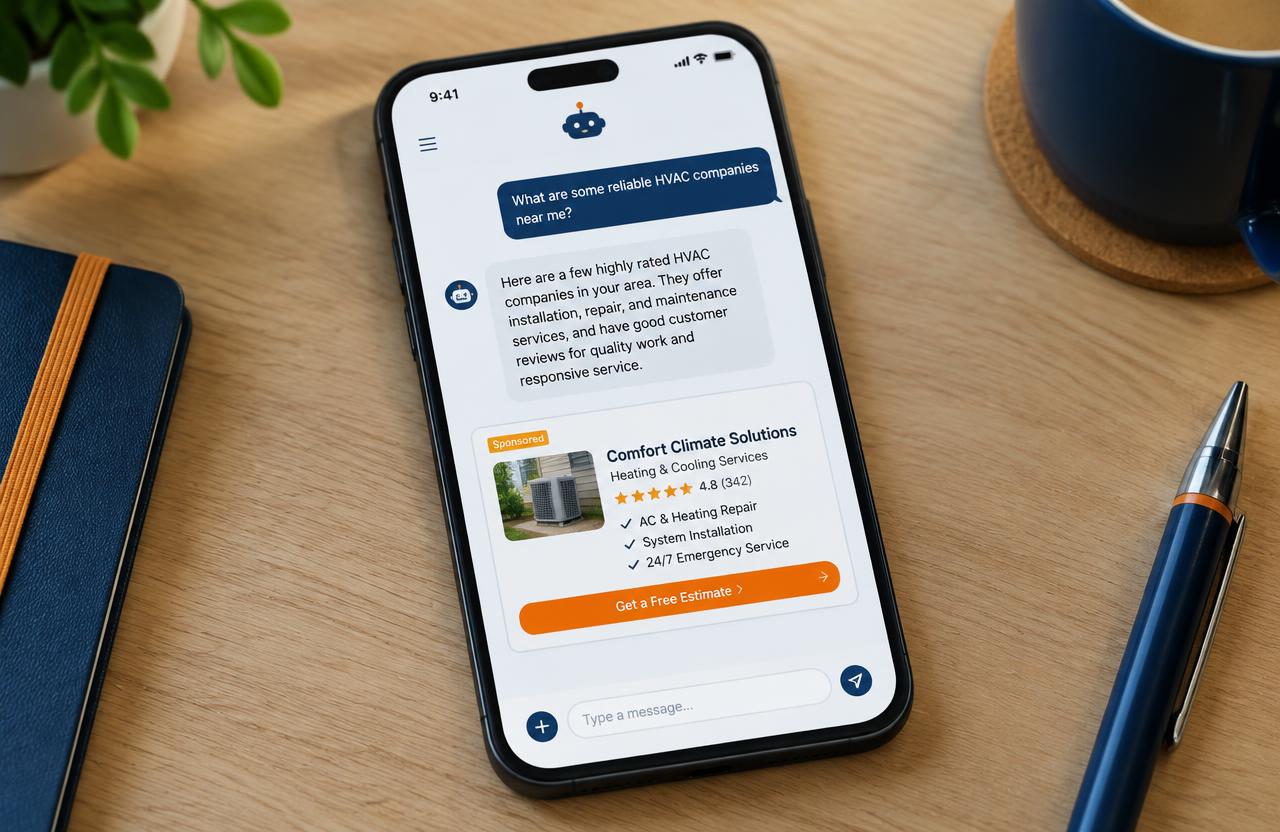 Smartphone showing an AI chat answer with a sponsored local HVAC listing below it