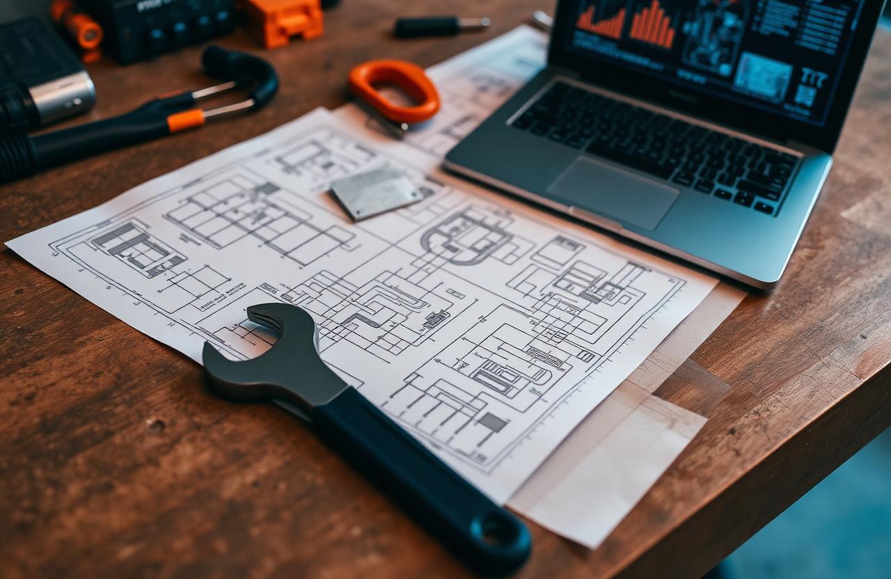 Workbench with technical schematics and a laptop showing tracking diagrams