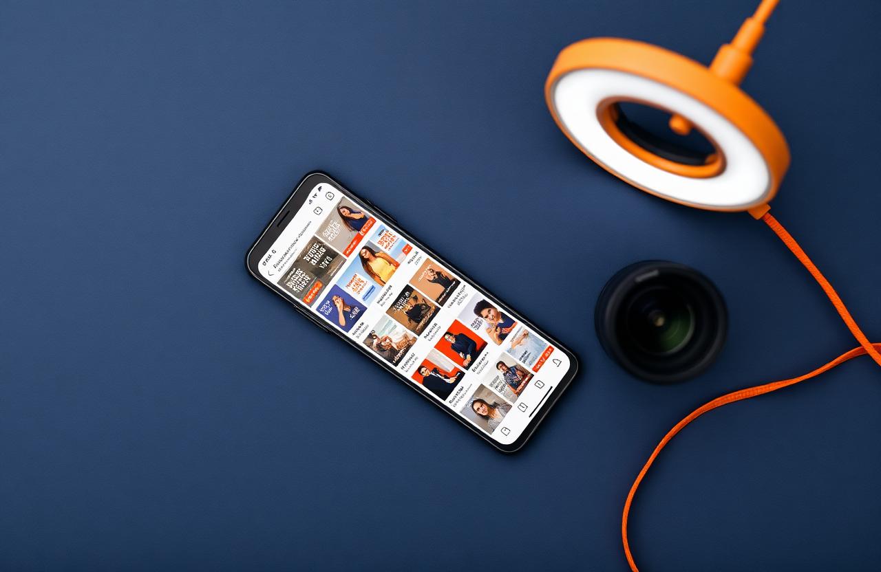 Smartphone showing a social feed of ad creatives beside a ring light and camera lens