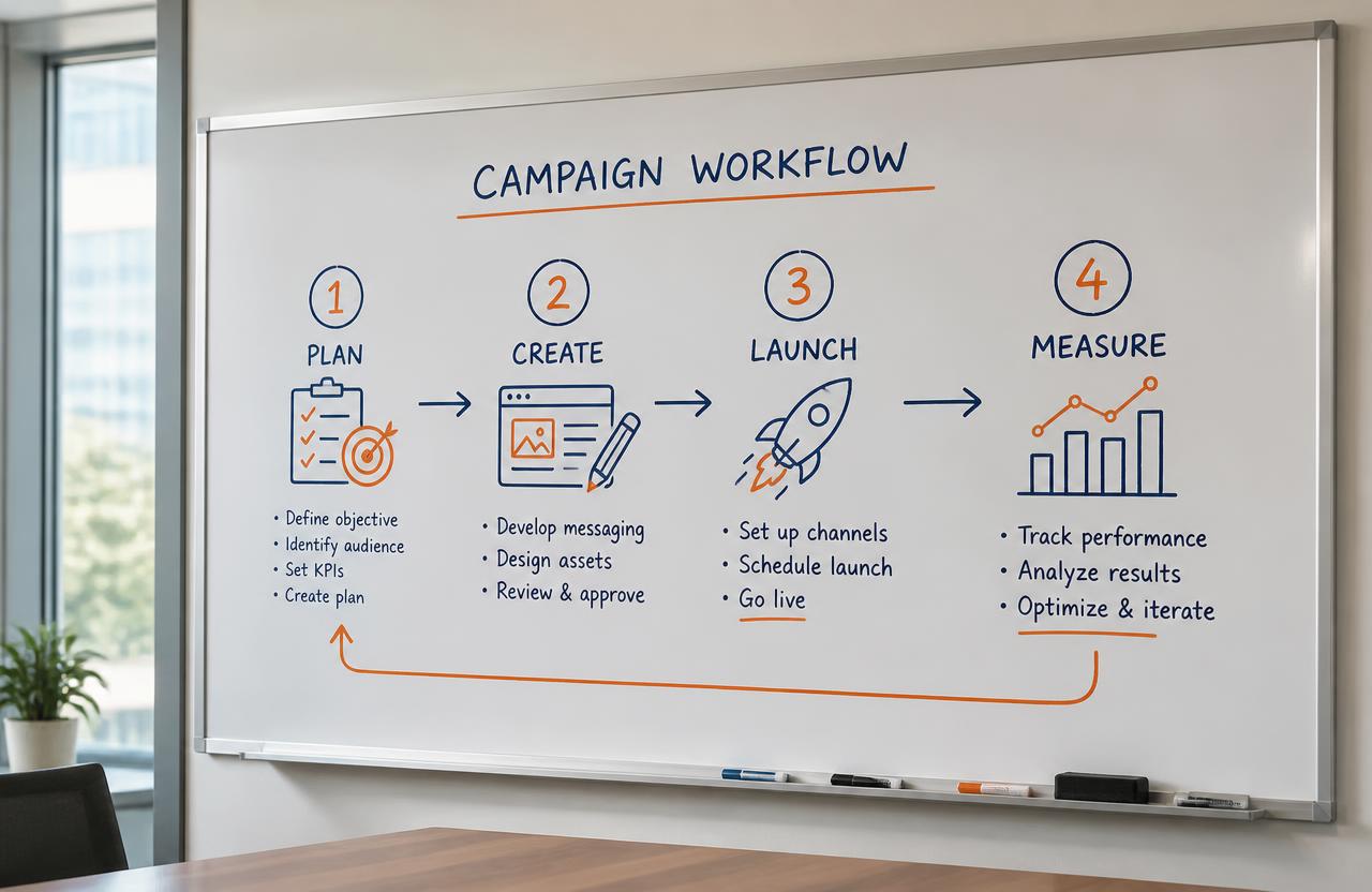 Whiteboard showing a four-step campaign workflow: plan, create, launch, measure