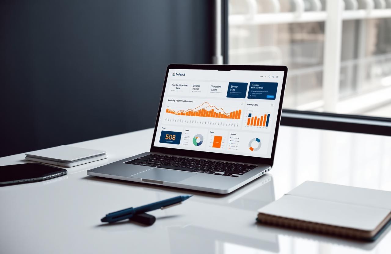 Laptop on a desk showing a paid-media performance dashboard with cost-per-lead reporting