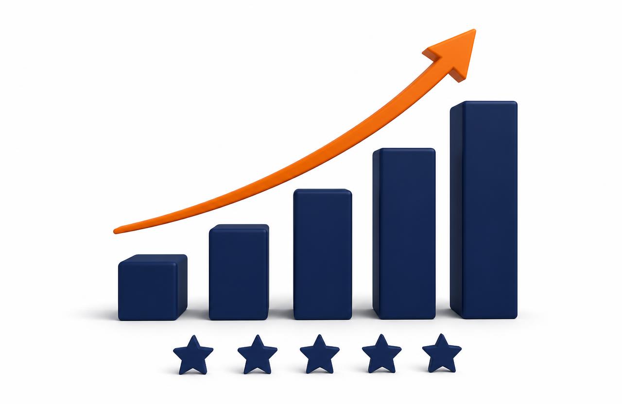 Navy bar chart rising with an orange trend arrow above five stars, representing review growth