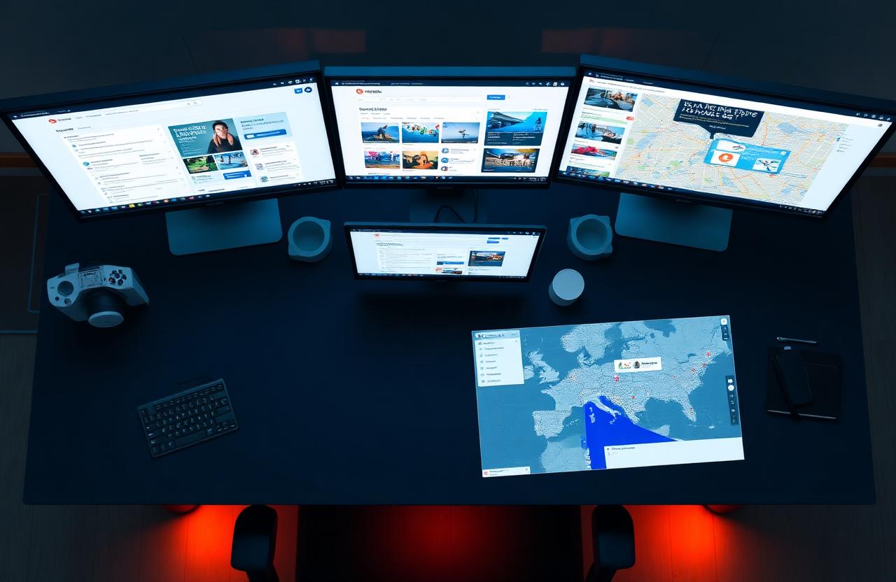 Multiple screens showing search, social and map-based ad campaign interfaces