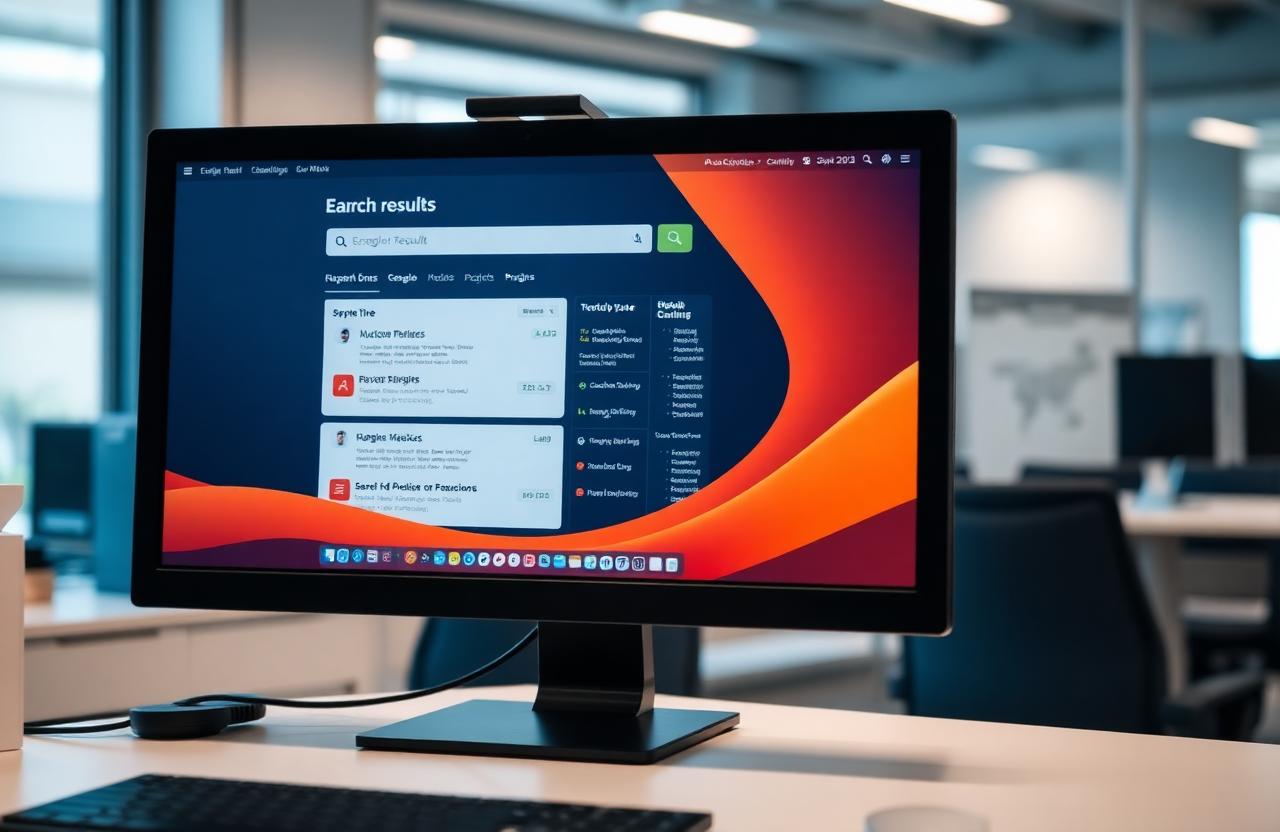 Office monitor showing a search engine results page with paid placements