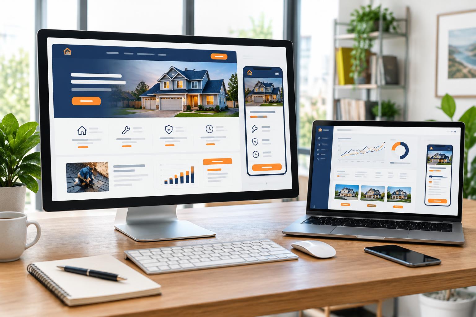 Desktop and laptop showing responsive website and landing-page designs for a local home-service business