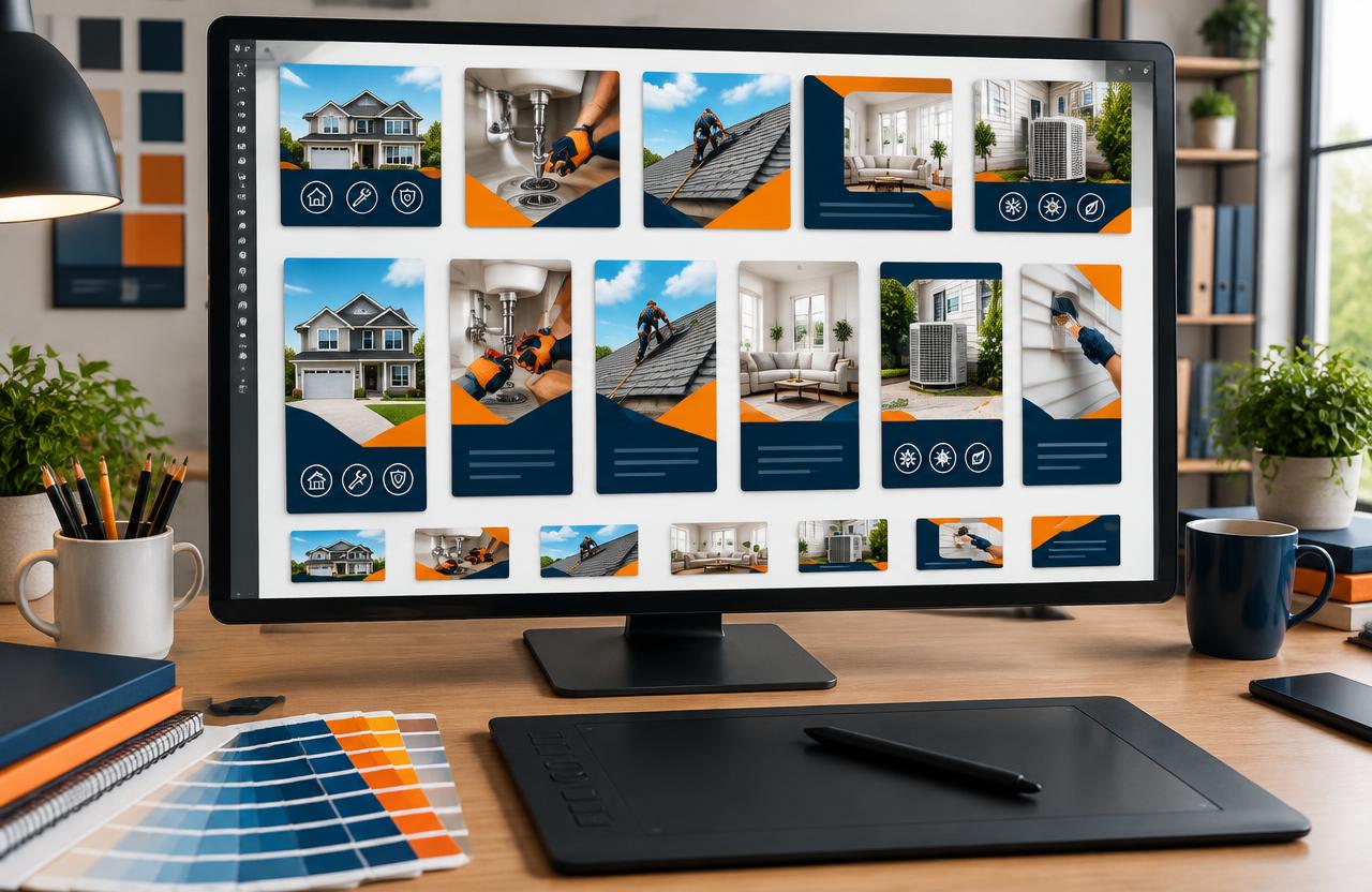 Designer monitor showing image ad layouts in square, vertical and story sizes
