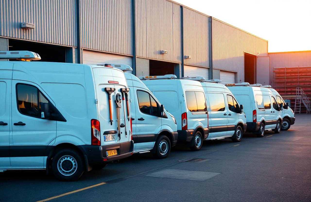 A row of clean white service vans and trade tools outside a warehouse at golden hour